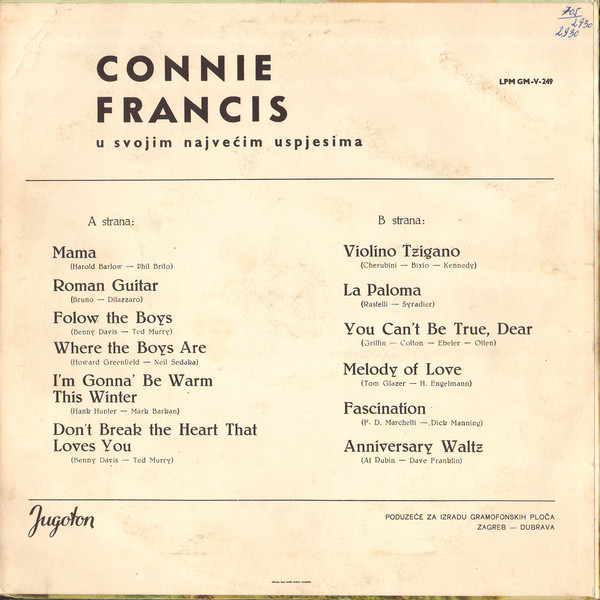 Connie Francis - Pjeva Svoje Najveće Uspjehe (LP, Comp, Mono)